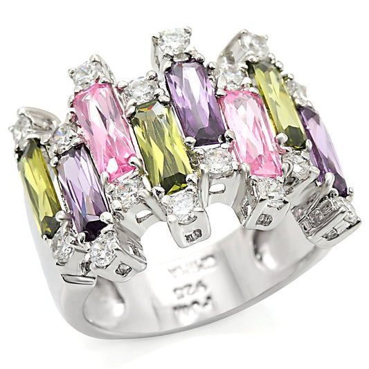 Heba Cocktail Ring - Rhodium 925 Sterling Silver, AAA CZ , Multi Color